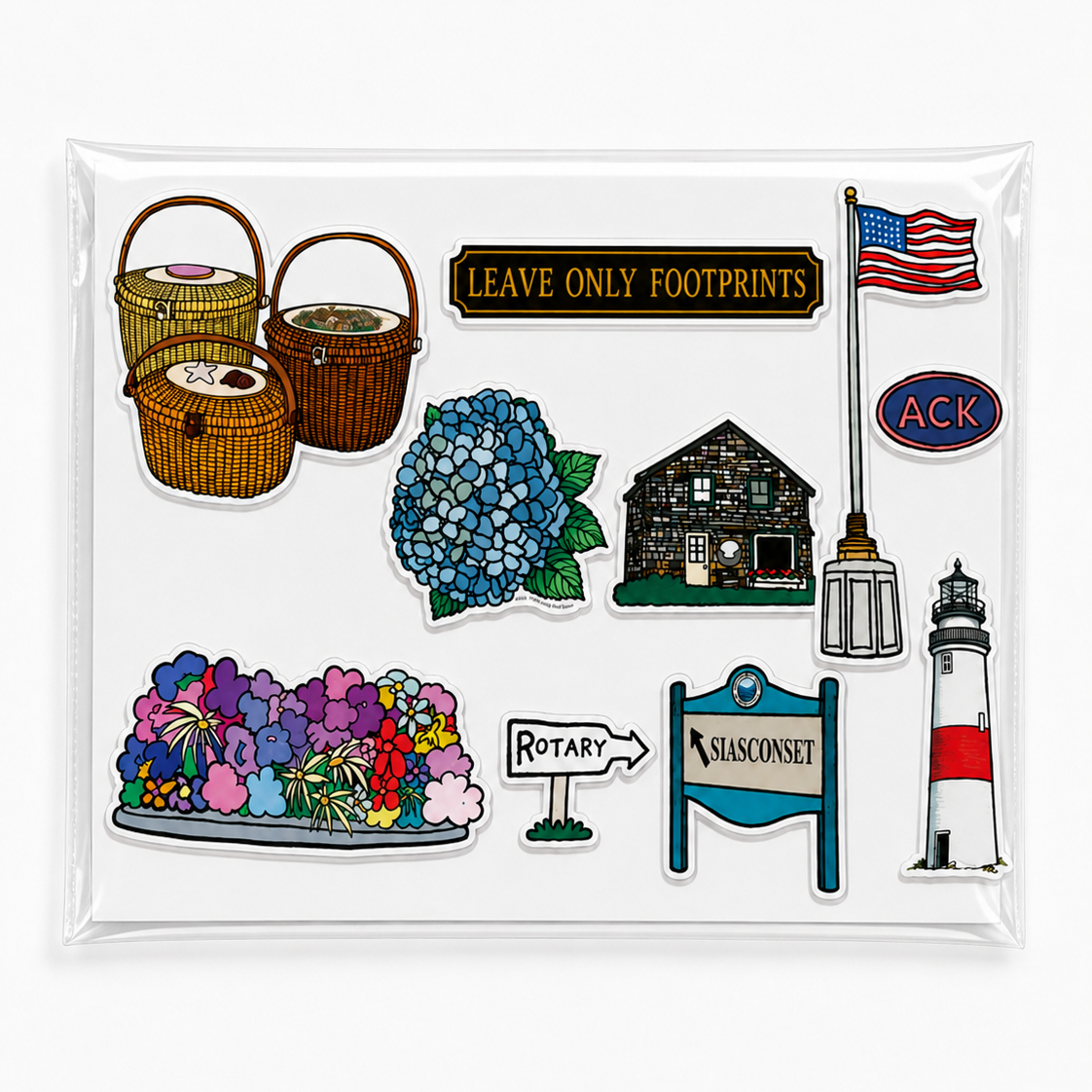 Nantucket sticker sheets featuring a blue hydrangea, lightship baskets, and a red-and-white lighthouse packaged together in a clear cellophane sleeve.