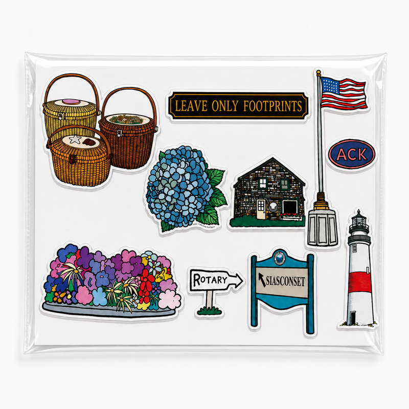 Nantucket sticker sheets featuring a blue hydrangea, lightship baskets, and a red-and-white lighthouse packaged together in a clear cellophane sleeve.