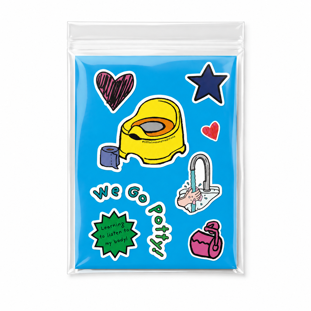 Colorful 3 by 4 inch potty training sticker sheet for toddlers featuring a yellow potty, toilet paper, handwashing, underwear, hearts, stars, and encouraging phrases.