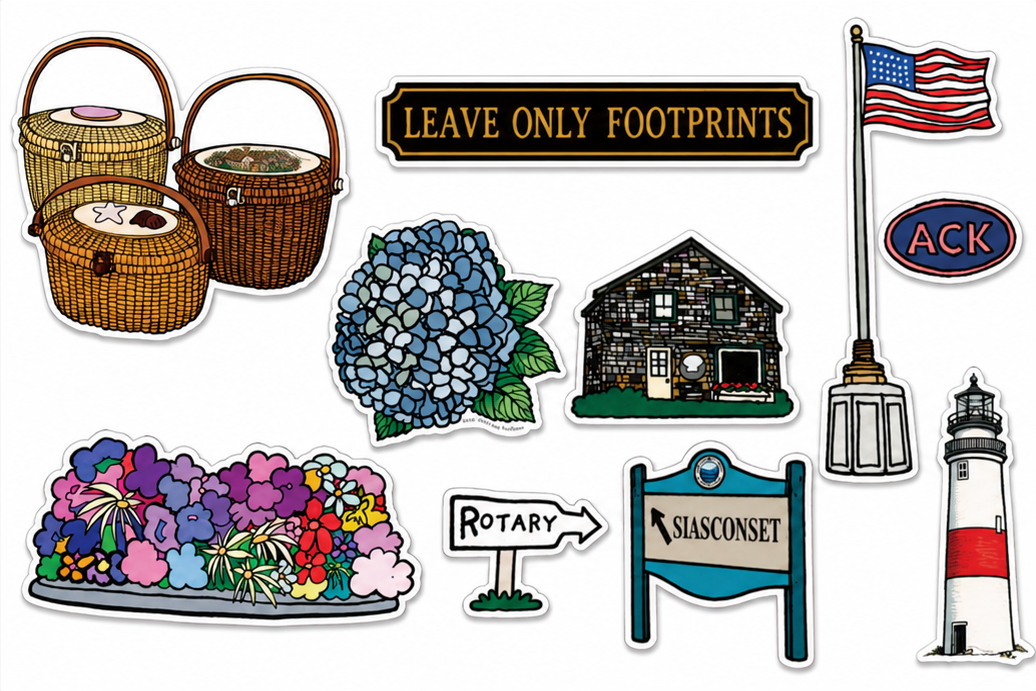 Illustrated 4 by 6 inch Nantucket sticker sheet featuring lightship baskets, hydrangeas, Sankaty Lighthouse, an ACK sign, American flag, ’Sconset sign, historic cottage, and island landmarks.